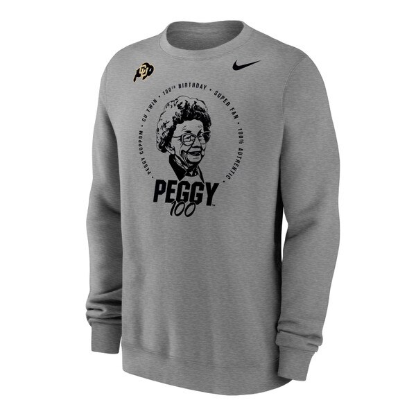 This is a light grey sweatshirt. The C.U. buffalo logo is black and gold, and the nike swoosh is black. All text on the sweatshirt, as well as the portrait of Peggy, is black.